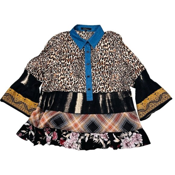 Calessa Tops - Calessa Mixed Media Animal Print Floral Shirt Ruffle Bell Sleeve Top Large